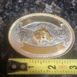 Boucle De Ceinture Western Homme Tête De Cheval Gris Argenté Deux Tons