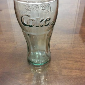 Coca Cola small green tint glass Coca Cola/Coke drinking glass 4 and 1/2&#39;&#39; tall. Vintage .