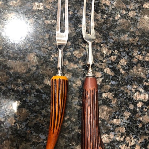 Stag handle grilling Utensils : Vintage Pair faux stag handle Grilling Forks - Excellent condition