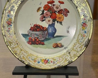Antique Daher Floral Plate – Holland Hand Painted Metal Decor.