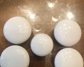 Drawer Pulls : White original porcelain drawer pull knobs  -  5 Total ( one pull is slightly smaller than the other 4 ).