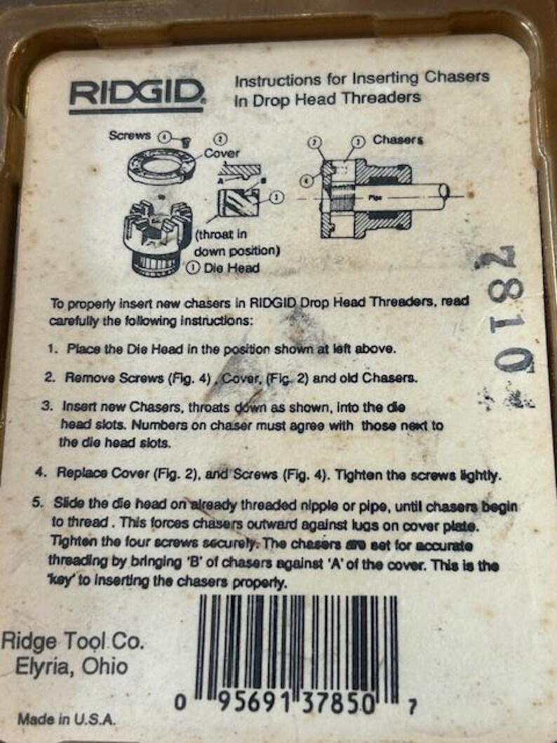 May include: RIDGID instructions for inserting chasers in drop head threaders. The package includes diagrams and instructions for proper use. The text includes Ridge Tool Co. Elyria, Ohio and Made in U.S.A.