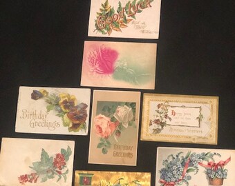 Antique 1910s Birthday Greeting Postcards: Floral Ephemera, 1 Cent Stamps