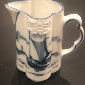 Creamer / Pitcher :  Blue Deft hand painted Oriental Fishing theme decorative Creamer.