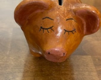 Vintage Hand-Painted Red Clay Piggy Bank – Mexico, Cactus Accents
