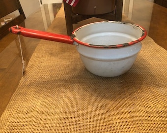Antique Red and White Porcelain Sauce Pan: Farmhouse Kitchen Decor