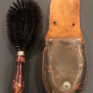 Small Travel Hand Brush with Leather Case - antique