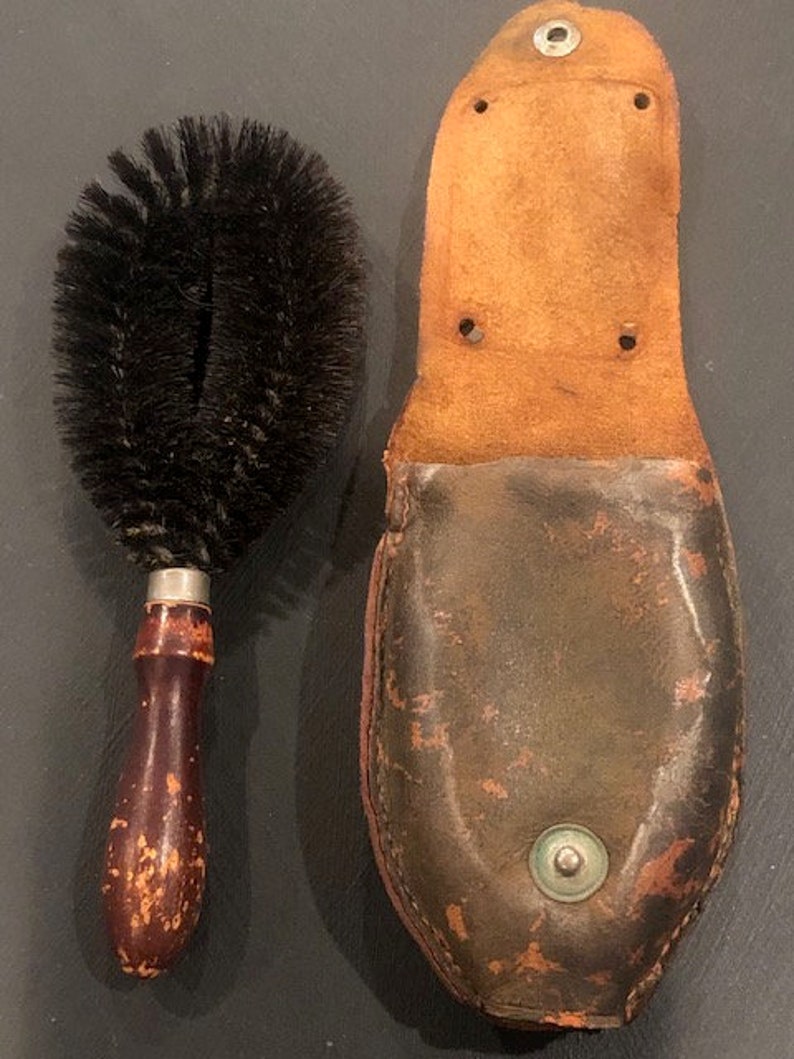 Small Travel Hand Brush with Leather Case antique image 1