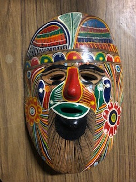 Tribal Mask : Vintage Hand Painted Terra Cotta Ma… - image 1