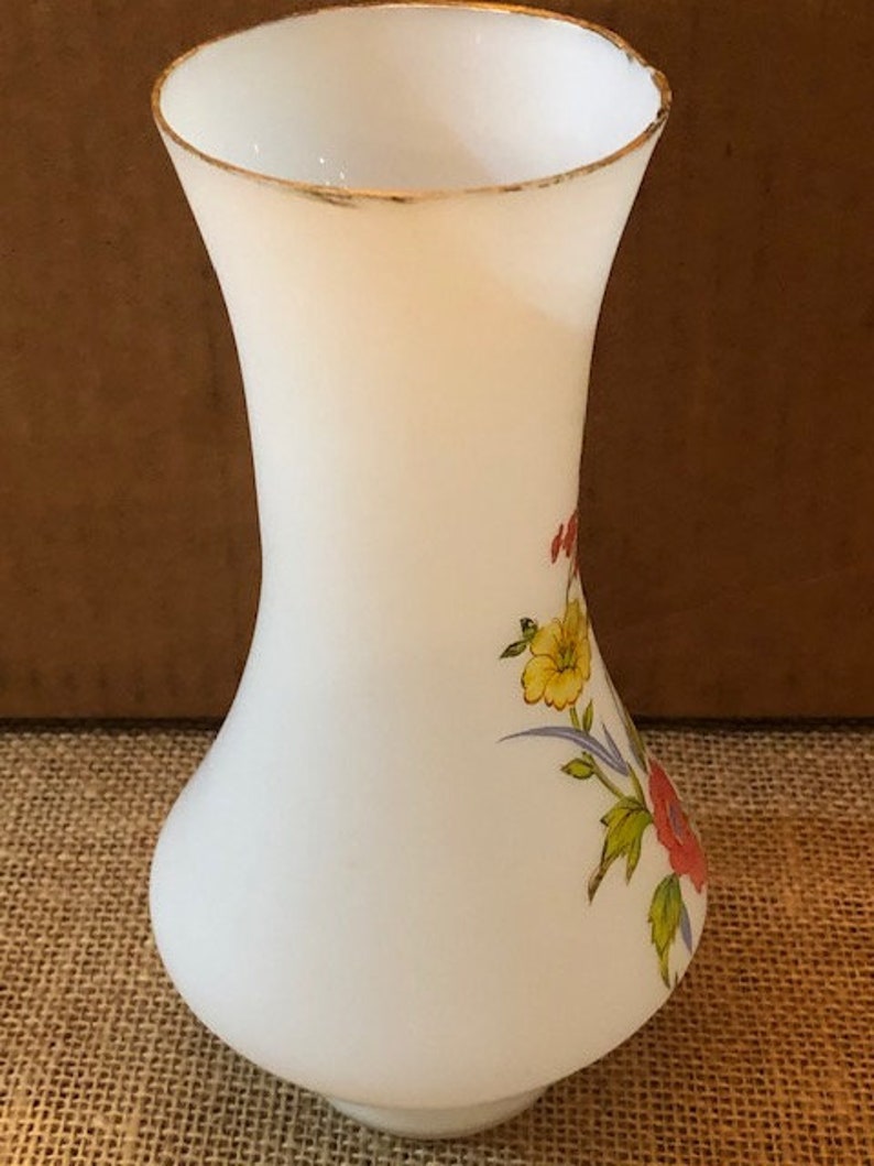 Antique White Frosted Glass hand painted Floral Vase 22 K Etsy