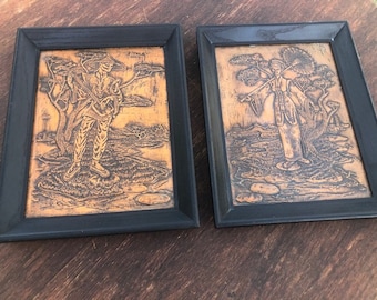 Asian Hammered Copper Framed Pair Wall Art - Asian Couple
