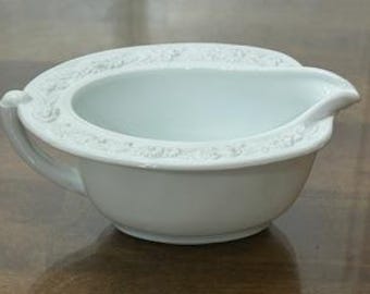 Vintage Embossed Floral Ceramic Gravy Boat – White Serving Dish.