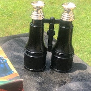 May include: Black binoculars with silver accents. The binoculars have a classic design and are made of durable plastic.