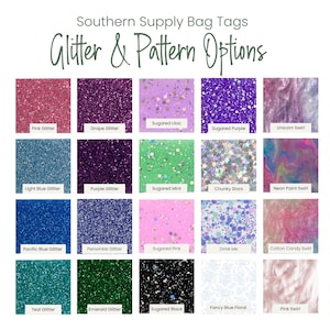 K&ouml;nnte beinhalten: Ein Raster aus zwanzig quadratischen Mustern, die die Glitzer- und Musteroptionen f&uuml;r Southern Supply Gep&auml;ckanh&auml;nger zeigen. Die Kollektion umfasst verschiedene Glitzertexturen in Pink, Lila, Blau, Violett, T&uuml;rkis, Smaragd und Schwarz sowie gemusterte Oberfl&auml;chen wie Einhorn- und Blumenmotive.
