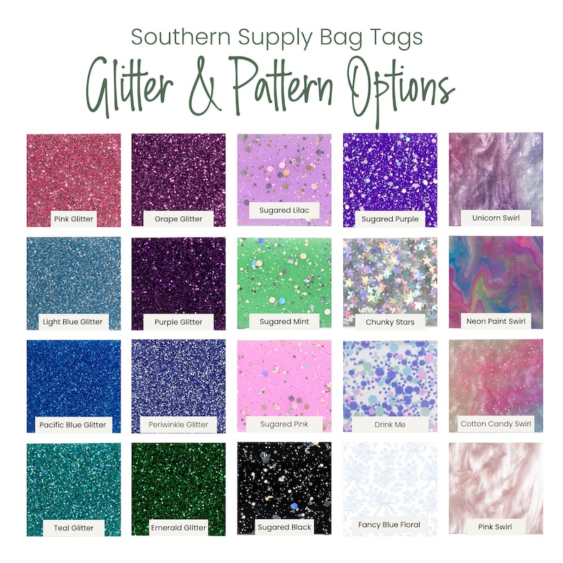 K&ouml;nnte beinhalten: Ein Raster aus zwanzig quadratischen Mustern, die die Glitzer- und Musteroptionen f&uuml;r Southern Supply Gep&auml;ckanh&auml;nger zeigen. Die Kollektion umfasst verschiedene Glitzertexturen in Pink, Lila, Blau, Violett, T&uuml;rkis, Smaragd und Schwarz sowie gemusterte Oberfl&auml;chen wie Einhorn- und Blumenmotive.