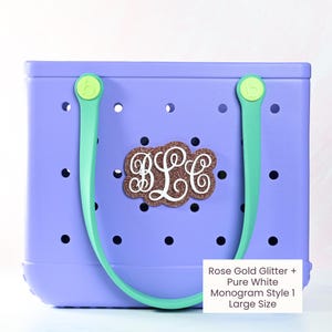 Monogram boggy button Custom Tote Bag Charm attached to a bogg bag with  gold glitter boggy button