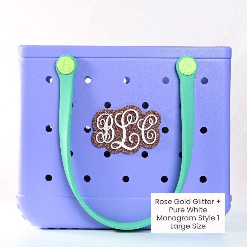 Monogram boggy button Custom Tote Bag Charm attached to a bogg bag with  gold glitter boggy button
