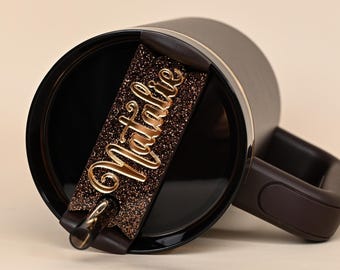 Topper Tag Personalized Name Plate Chocolate Gold Perfect Pair for Stanley Quenchers 20oz, 30oz, 40oz, and 64oz sizes