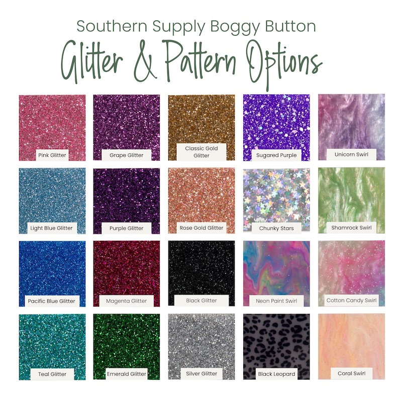 Southern Supply's Monogram Boggy Button Custom Tote Bag Charm's glitery and swirl color options