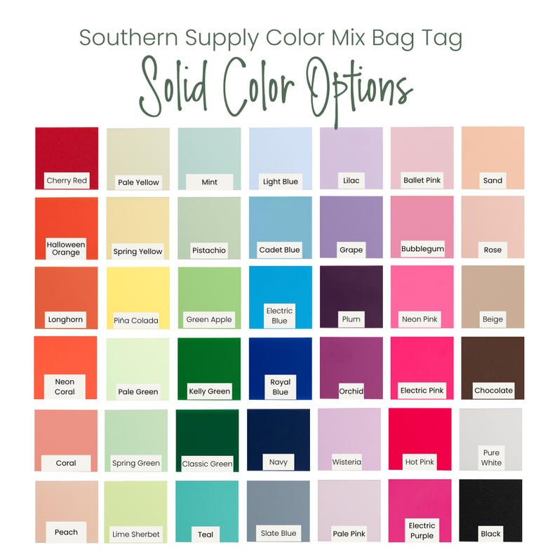 K&ouml;nnte beinhalten: Eine Farbkarte mit dem Titel Southern Supply Color Mix Bag Tag Solid Color Options, die ein Raster aus 42 quadratischen Farbfeldern zeigt. Jedes Feld enth&auml;lt ein wei&szlig;es Etikett mit dem Farbnamen, darunter Cherry Red, Mint, Lilac, Navy und Black.