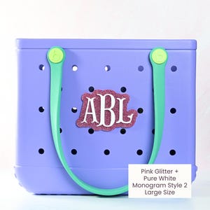 Monogram boggy button Custom Tote Bag Charm attached to a bogg bag with pink glitter boggy button
