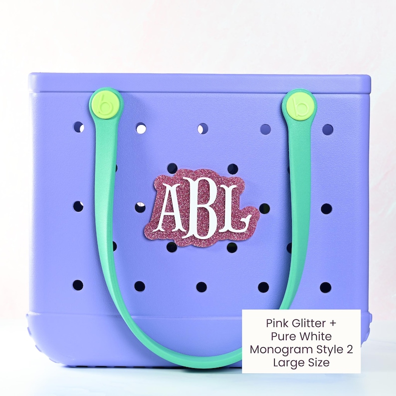 Monogram boggy button Custom Tote Bag Charm attached to a bogg bag with pink glitter boggy button