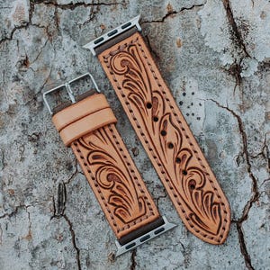 Handmade Apple Watch Strap with Western Swirl Design | Full Grain Leather | Stainless Steel Hardware