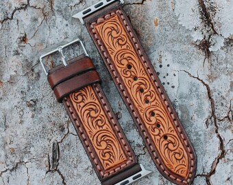 Handmade Apple Watch Strap with Filigree Pattern | Full Grain Leather | Stainless Steel Hardware
