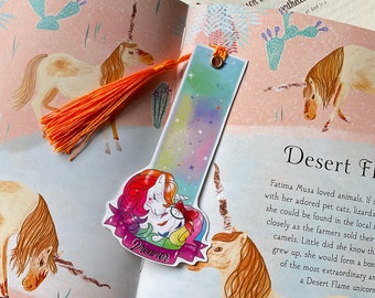 Rainbow dreamcatcher unicorn bookmark with orange tassel