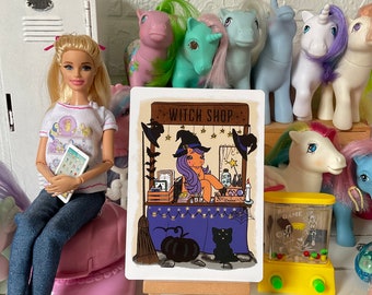 Witch shop Halloween Ponies vintage toys Postcard Artwork