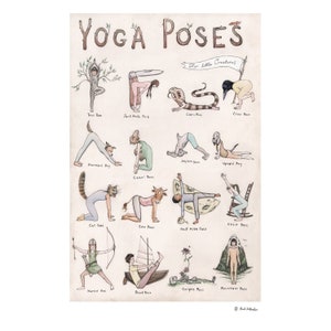 Könnte beinhalten: Eine farbenfrohe illustrierte Tabelle, die Yoga-Posen für Kinder zeigt. Die Posen werden mit Tieren dargestellt und die Namen der Posen sind unter jedem Bild aufgelistet. Die Tabelle trägt den Titel "Yoga Poses for Little Creatures".