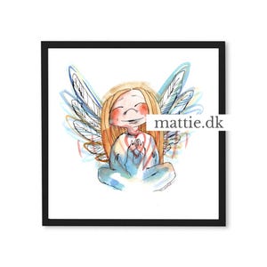 May include: A watercolour illustration of an angel with blonde hair and feathery wings. The angel is wearing a blue robe and has a peaceful expression. The image is framed in a black square and includes the text "mattie.dk".