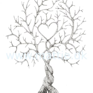 K&ouml;nnte beinhalten: Eine Schwarzwei&szlig;-Zeichnung eines Baumes mit einer Herzform, die von seinen &Auml;sten gebildet wird. Der Baumstamm ist verdreht und ineinander verschlungen.