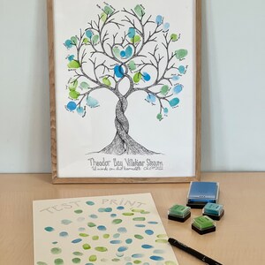 K&ouml;nnte beinhalten: Ein gerahmter Druck eines Baumes mit Fingerabdr&uuml;cken auf den &Auml;sten. Der Druck lautet "Theodor Bay Villkier Skoum, Til minde om din f&oslash;dselsdag 01.01.2022". Es gibt drei Stempelkissen, eines blau und zwei gr&uuml;n, und einen schwarzen Stift auf einer wei&szlig;en Oberfl&auml;che.