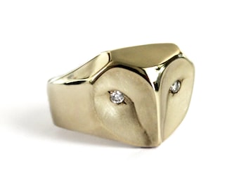 14K Gold Owl Ring with Diamonds, Animal Engagement Ring