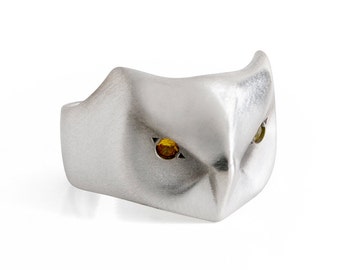 Horned Owl Ring, Yellow Sapphire Eyes, Sterling Silver