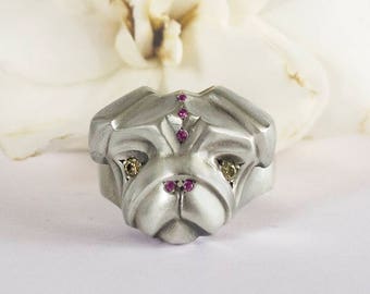 Lady Pug Ring with Champagne Diamonds & Pink Sapphires, pug lover ring, pug jewelry, dog ring, cute dogs, puppy ring, Christmas gift