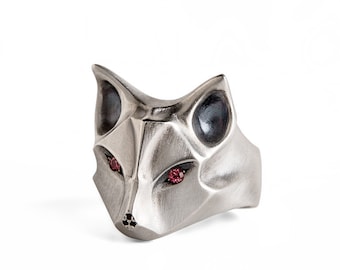 Anillo de zorro de plata de ley, ojos de zafiro de bronce, nariz de espinela negra