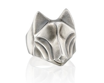 Anillo geométrico de lobo de plata, anillo de cabeza de lobo de plata esterlina, joyería unisex con motivos de animales, regalo para amantes de los lobos, tótem nórdico del lobo.
