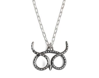 Oxidized Sterling Silver Owl Necklace, Diamond Accent, Handmade