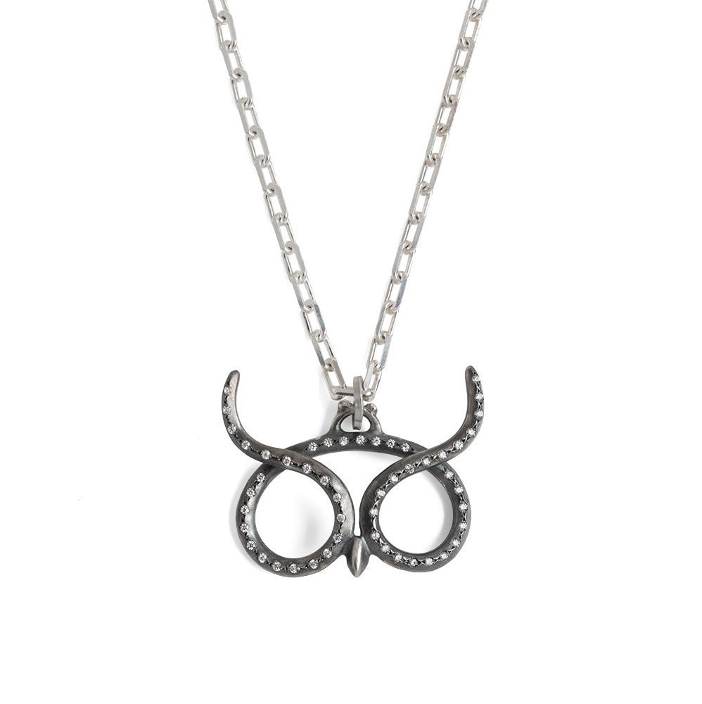 Oxidized Sterling Silver Owl Necklace, Diamond Accent, Handmade