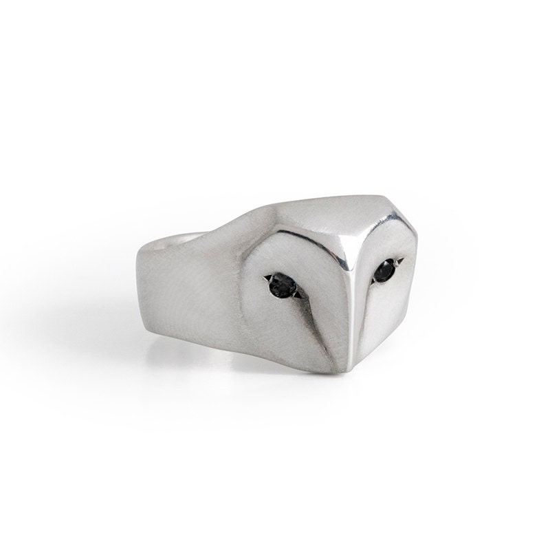 Sterling Silver Owl Ring with Black Diamond Eyes