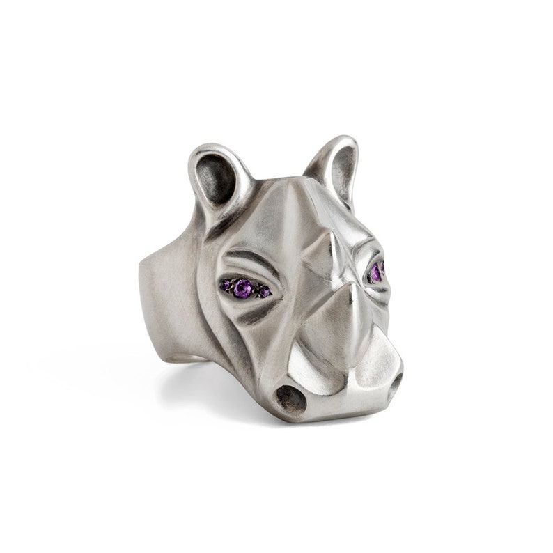 Rhino Ring with Amethyst eyes, Rhinoceros silver jewelry, unisex rhino ring, Purple eyes, Christmas gift image 1