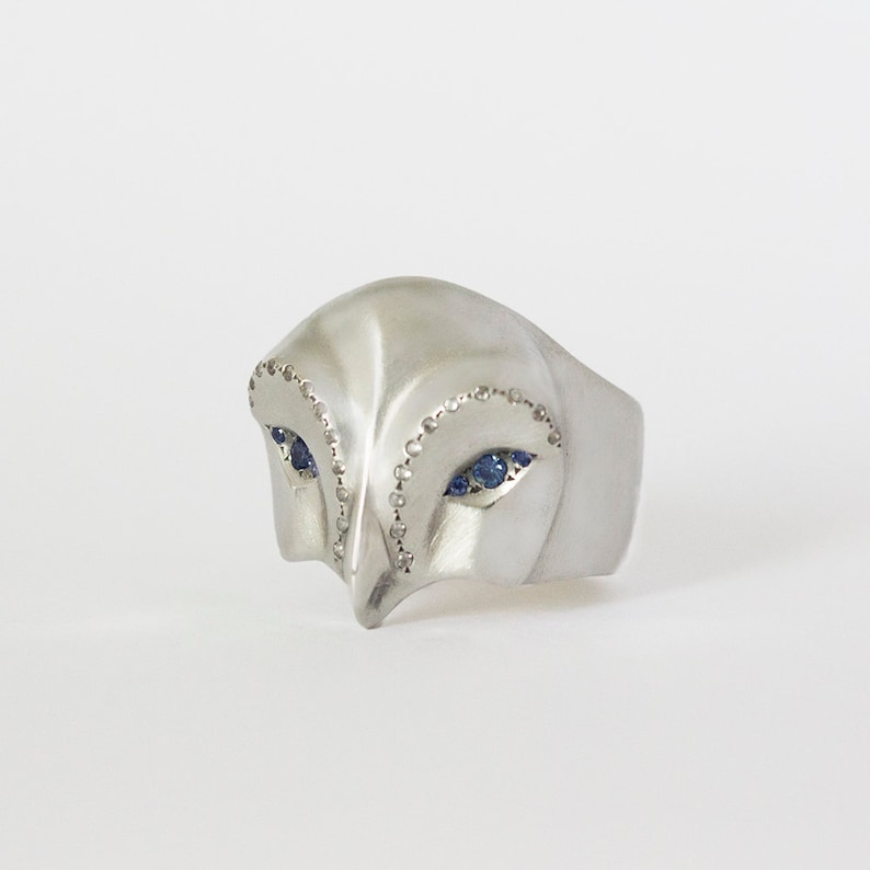 Snowy owl ring with blue Sapphire eyes and white diamonds image 1