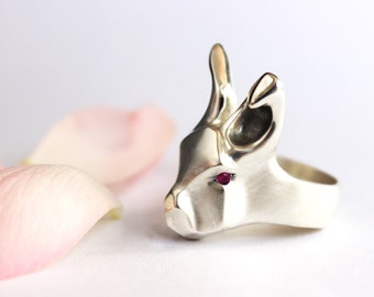 Bunny silver Ring, rabbit ring, animal jewelry, Rabbit jewelry, July birthstone, ruby birthstone, bunny jewelry, Christmas gift