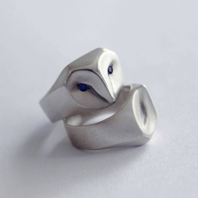 Owl Ring with Blue Sapphire Eyes, barn owl, animal jewelry, silver owl, owl jewelry, owl gift, owl Christmas gift image 1