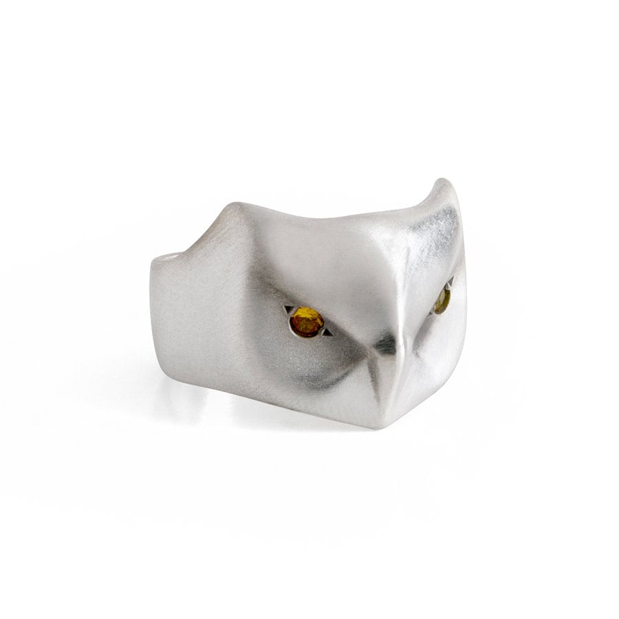 Horned Owl Ring, Yellow Sapphire Eyes, Sterling Silver