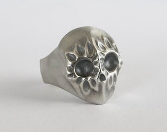 Sterling Silver Flower Skull Ring, Hand Carved Calavera