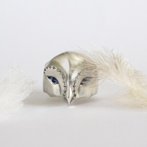 Snowy owl ring with blue Sapphire eyes and white diamonds image 2