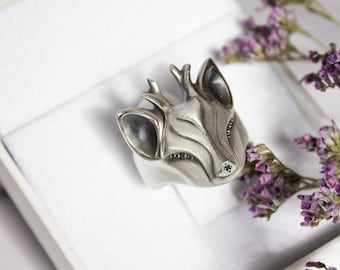 Anillo de ciervo de plata de ley con diamantes negros, anillo geométrico de ciervo, joyería de animales, regalo para amantes de los ciervos